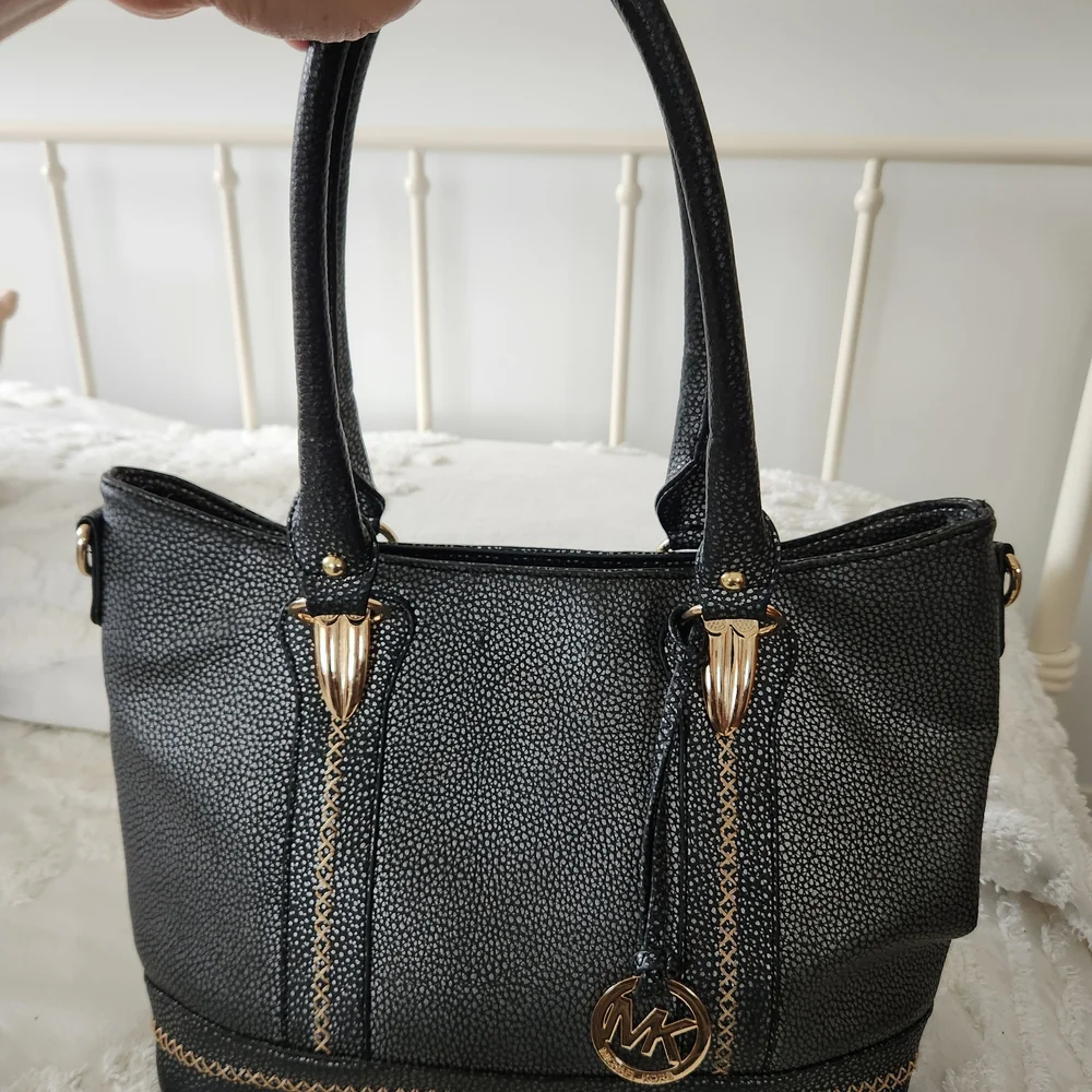 Michael Kors Black Pebbled Leather Satchel with Gold Hardware 22 Inch Straps